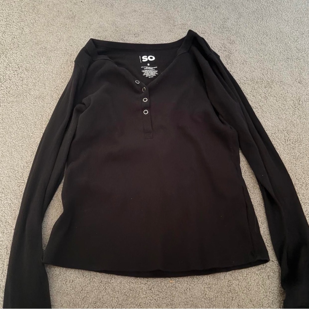SO Black Long-Sleeve Henley Top with Snap Placket